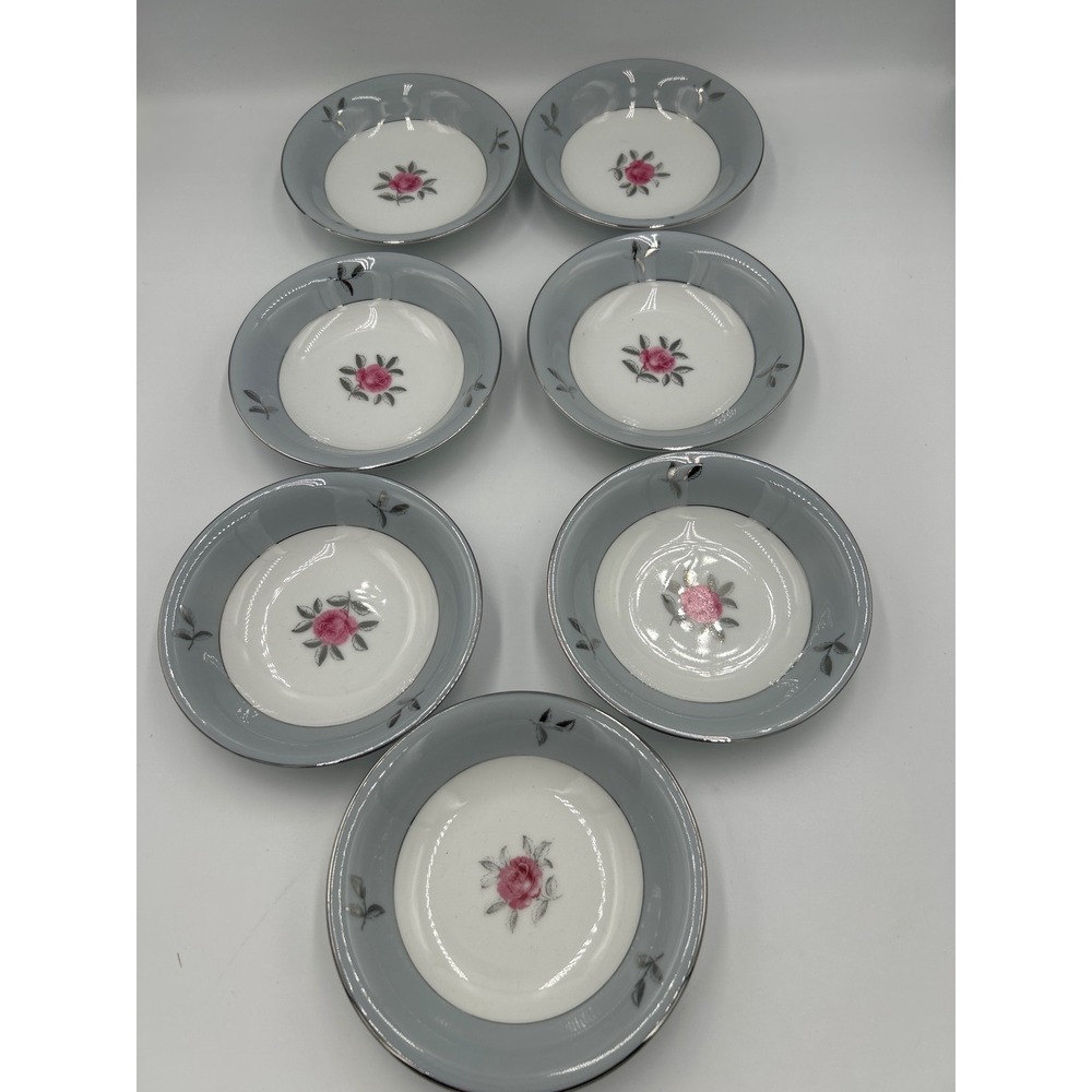 Seyei Bella Maria 2129 Fine China Fruit Bowls Set of 7 Japan Pink Rose Blue Rim
